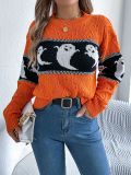 Women Halloween Ghost Contrast Color Knitting Long Sleeve Sweater