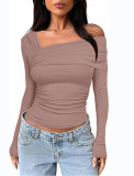 Women One-shoulder Long Sleeve Pleated Top