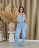 Women Elastic Washed Denim Jumpsuit