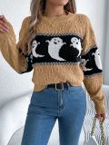 Women Halloween Ghost Contrast Color Knitting Long Sleeve Sweater