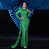 Women Sexy Sequin Long Sleeve Round Neck Formal Party Maxi Evening Dress