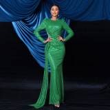 Women Sexy Sequin Long Sleeve Round Neck Formal Party Maxi Evening Dress