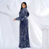 Plus Size Women Long Sleeve Round Neck Formal Party Sequin Maxi Evening Dress