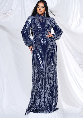 Plus Size Women Long Sleeve Round Neck Formal Party Sequin Maxi Evening Dress