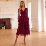 Women Sexy V Neck Mesh Bubble Long Sleeve Dress