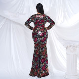 Plus Size Women Long Sleeve Round Neck Formal Party Sexy Sequin Maxi Evening Dress