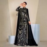 Women Sexy Sequin Long Sleeve Round Neck Formal Party Maxi Evening Dress