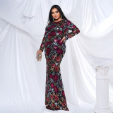 Plus Size Women Long Sleeve Round Neck Formal Party Sexy Sequin Maxi Evening Dress