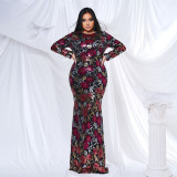 Plus Size Women Long Sleeve Round Neck Formal Party Sexy Sequin Maxi Evening Dress