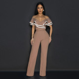 Women Summer Off Shoulder Short Sleeve Wide Leg Jumpsuit