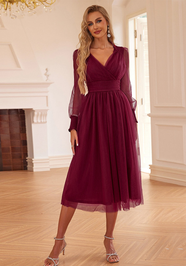 Women Sexy V Neck Mesh Bubble Long Sleeve Dress