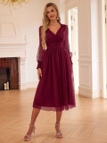 Women Sexy V Neck Mesh Bubble Long Sleeve Dress