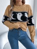 Women Halloween Ghost Contrast Color Knitting Long Sleeve Sweater