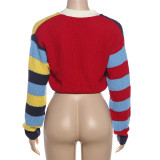 Women casual multi-color letter knitting button long sleeve crop jacket