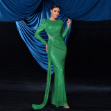 Women Sexy Sequin Long Sleeve Round Neck Formal Party Maxi Evening Dress