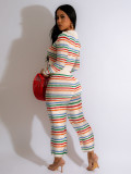 Women summer sexy knitting contrast color long sleeve Top and wide leg pants Casual two-piece suit