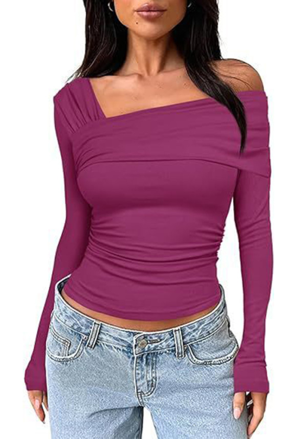 Women One-shoulder Long Sleeve Pleated Top