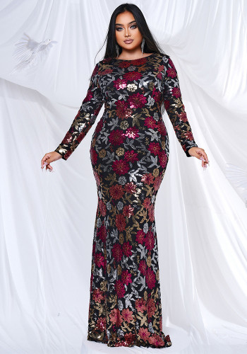 Plus Size Women Long Sleeve Round Neck Formal Party Sexy Sequin Maxi Evening Dress