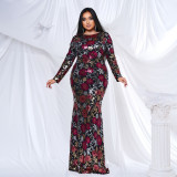 Plus Size Women Long Sleeve Round Neck Formal Party Sexy Sequin Maxi Evening Dress