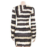 Women autumn round neck long sleeve striped print dress