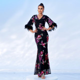 Women Sexy Sequin Short Sleeve V-Neck Formal Party Maxi Evening Dress