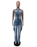 Women Elastic Washed Denim Jumpsuit