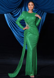 Women Sexy Sequin Long Sleeve Round Neck Formal Party Maxi Evening Dress