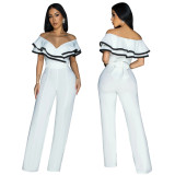 Women Summer Off Shoulder Short Sleeve Wide Leg Jumpsuit