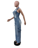 Women Elastic Washed Denim Jumpsuit