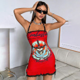 Women print lace lace Halter Neck Dress