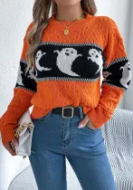 Women Halloween Ghost Contrast Color Knitting Long Sleeve Sweater