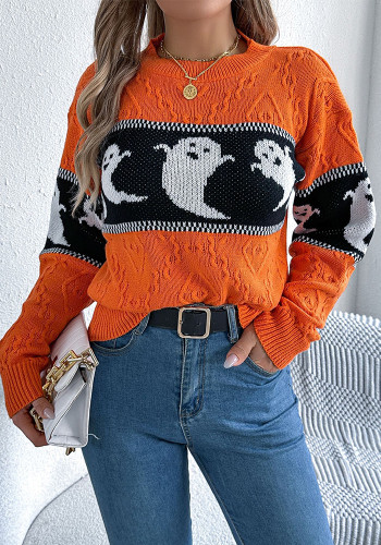 Women Halloween Ghost Contrast Color Knitting Long Sleeve Sweater