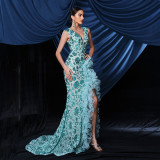 Women Sexy Sequin Sleeveless V-Neck Formal Party Maxi Evening Dress