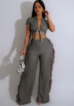Women Sexy Lace-Up Tassel Jumpsuit