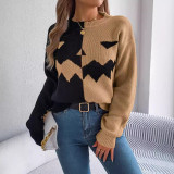 Women Halloween Pumpkin Contrast Knitting Long Sleeve Sweater