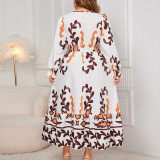 Plus Size Women Printed Long Sleeve V-neck Long Dress