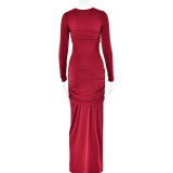 Women Solid Round Neck Long Sleeve Gathered Bodycon Dress