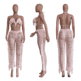 summer sexy women's fashion knitted hollow transparent tassel two-piece suit