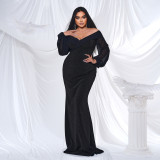 Plus Size Women Long Sleeve V-Neck Formal Party Sexy Bodycon Fishtail Maxi Evening Dress