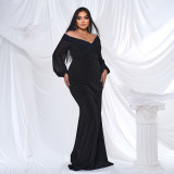 Plus Size Women Long Sleeve V-Neck Formal Party Sexy Bodycon Fishtail Maxi Evening Dress