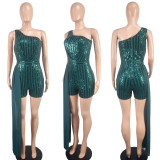 Women Sequin One Shoulder Striped Green Party Sexy Jumpsuit