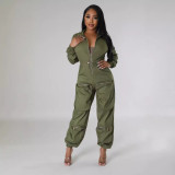 Women Long Sleeve Zipper Multi-pocket Jumpsuit