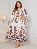 Plus Size Women Printed Long Sleeve V-neck Long Dress