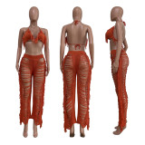 summer sexy women's fashion knitted hollow transparent tassel two-piece suit