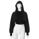 Women Fall and Winter Solid Casual Vest and Long Sleeve Crop Hoodies Two-piece Set