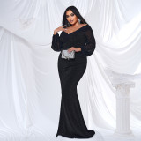 Plus Size Women Long Sleeve V-Neck Formal Party Sexy Bodycon Fishtail Maxi Evening Dress