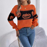 Women Halloween Pumpkin Contrast Knitting Long Sleeve Sweater