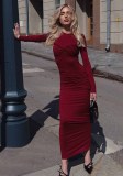 Women Solid Round Neck Long Sleeve Gathered Bodycon Dress