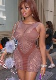 Women Round Neck Sleeveless Solid Sexy See-Through Bodycon Dress