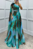 Women Casual Chiffon Print Slash Shoulder Dress